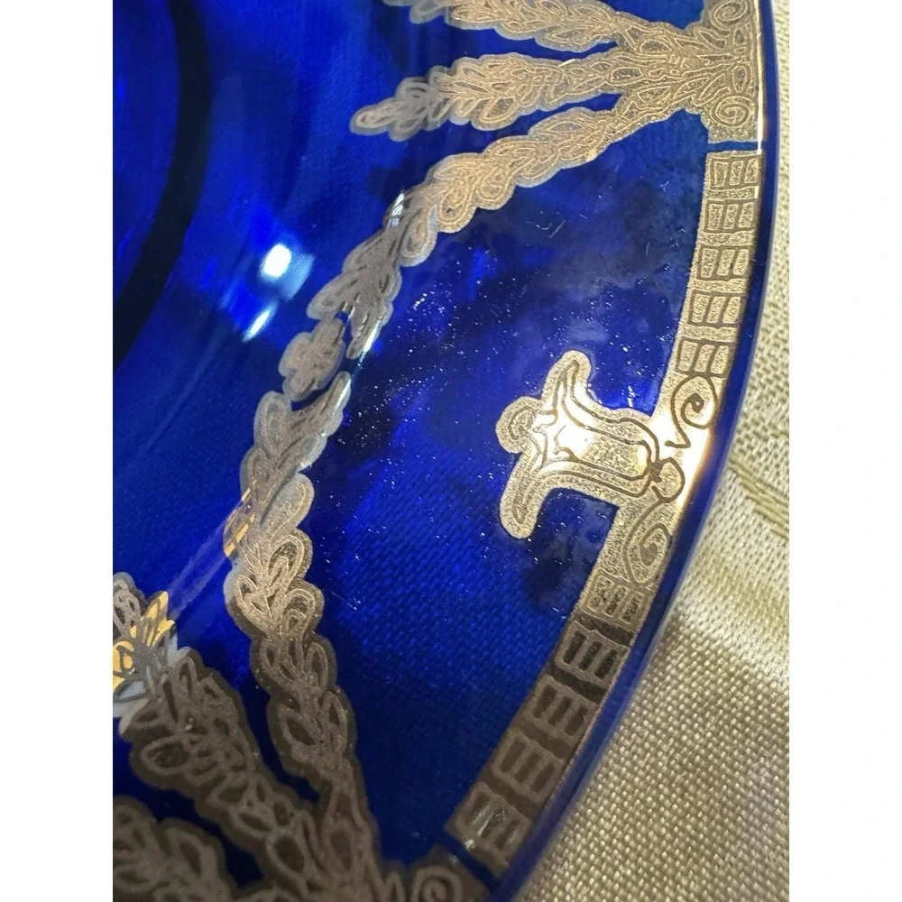 Antique Wheeling Glass Cobalt Blue Gilt Plate Greek Key Swag 8.25 Victorian RARE